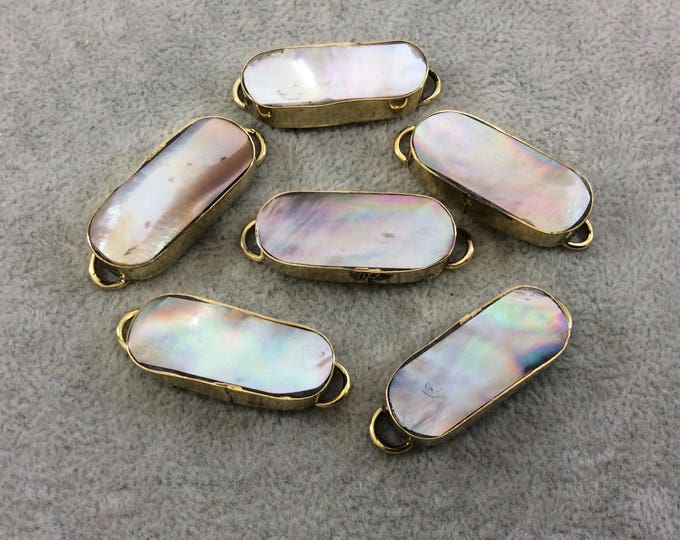 Abalone Shell Skinny Bezel | 1.25" Iridescent Gray Natural Oval Shaped Gold Plated Bezel Connector - Measuring 14mm x 33mm