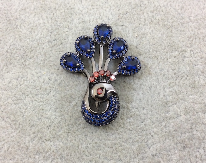 Gunmetal Plated CZ Cubic Zirconia Inlaid Blue/Red Peacock Shaped Copper Slider - Measures 30mm x 38mm, Approx. - Sold Individually, RANDOM