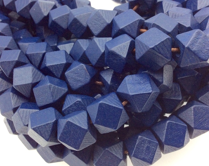 12mm Navy Blue Colored Natural Wooden Faceted/Step Cut Shaped Beads with 2mm Holes - Sold by 14.5" Strands (Approx. 32 Beads)