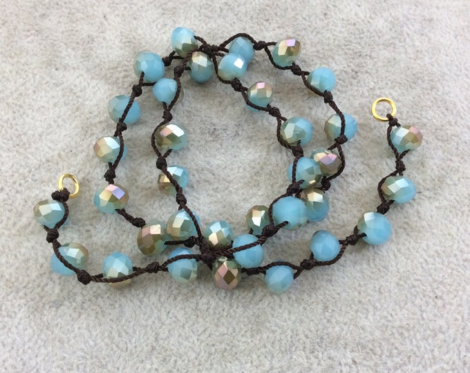 Chinese Crystal Beads | 18" Dark Brown Thread Necklace Sec. with 8mm Faceted AB Finish Rondelle Shape Opaque Bicolor Aqua Gold Glass Beads