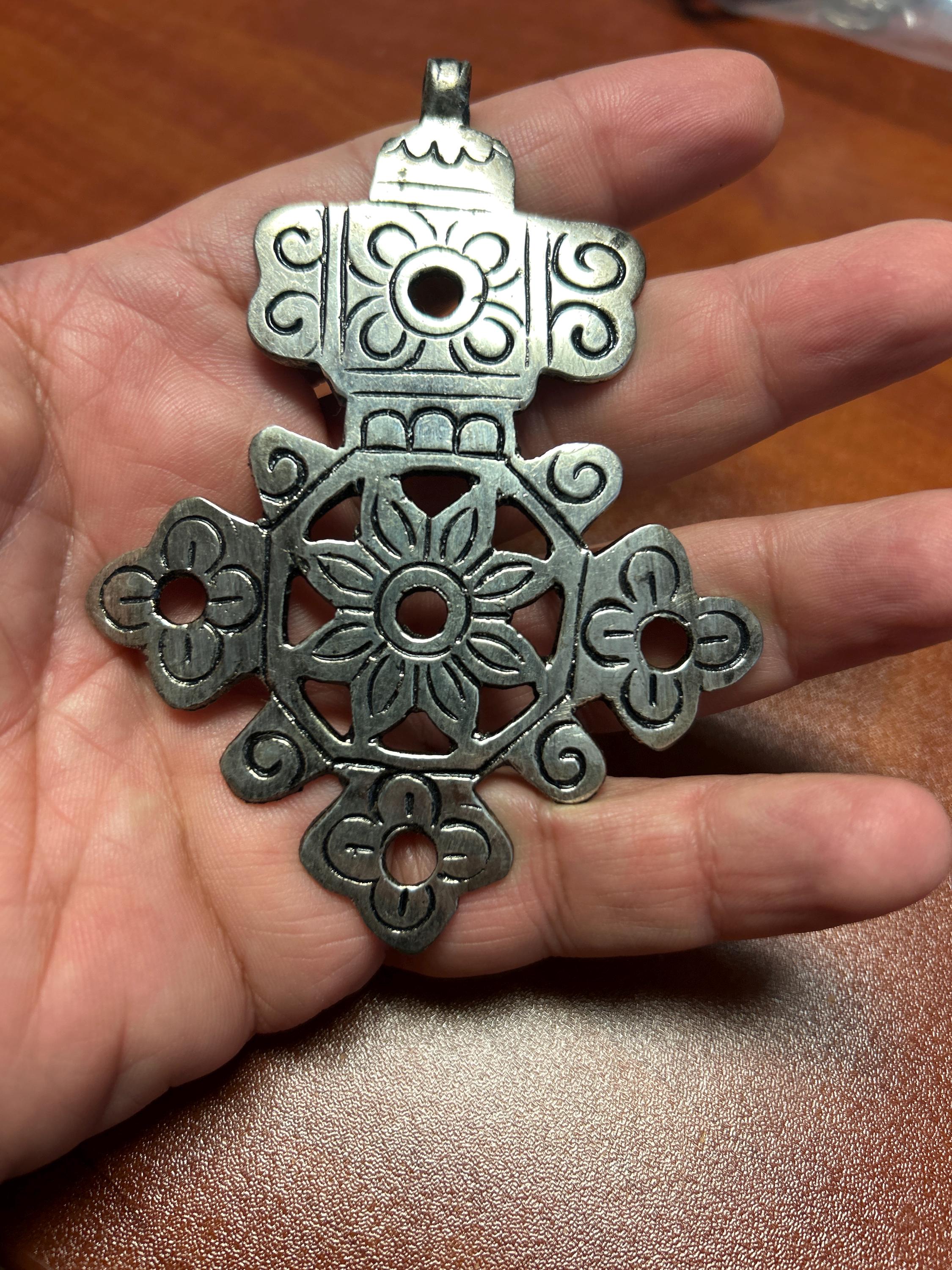 Cross Pendant | Ethiopian Cross Pendant Extra Large 4.5" Silver Finish Brass – Floral Pattern Focal Piece – 73mm x 113mm – Sold Individually