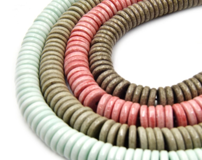 Glass Heishi Beads | Dyed Flat Heishi Shaped Beads | Mint Red Brown | Available in 6mm