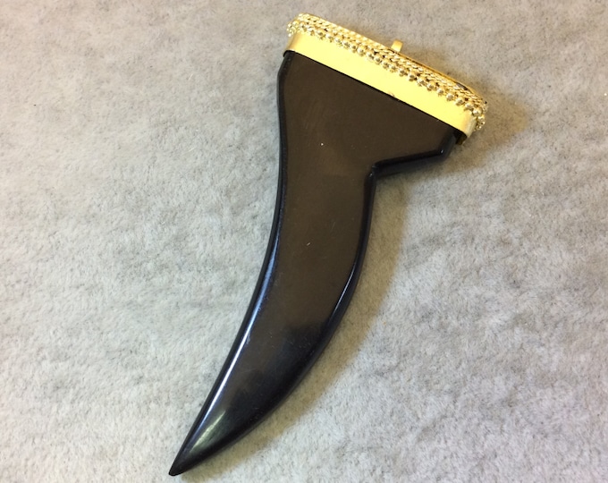 SALE - 4" Long Flat Natural Carved Black Horn Antler/Tusk Pendant with Bright Gold Dotted Cap- Measuring 43mm x 110mm, Approx.