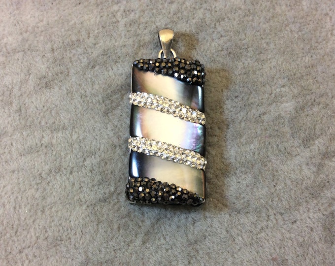 Rhinestone Encrusted Rectangle Shaped Gray Rainbow Abalone Shell Pendant - Measuring 19mm x 35mm, Approximately - Sold Individually