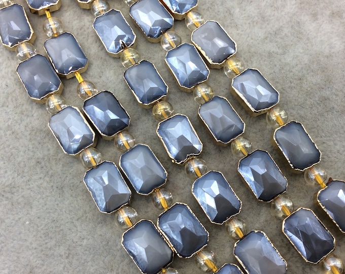 Chinese Crystal Beads | 10mm x 14mm Gold Electroplated Glossy Finish Faceted Opaque Gray Crystal Rectangle Glass Beads