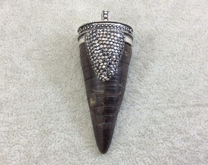 Rhinestone Encrusted Flat Back Cone/Tusk Shaped Resin Pendant with Silver Cap - Measuring 28mm x 62mm, Approx. - Sold Individually