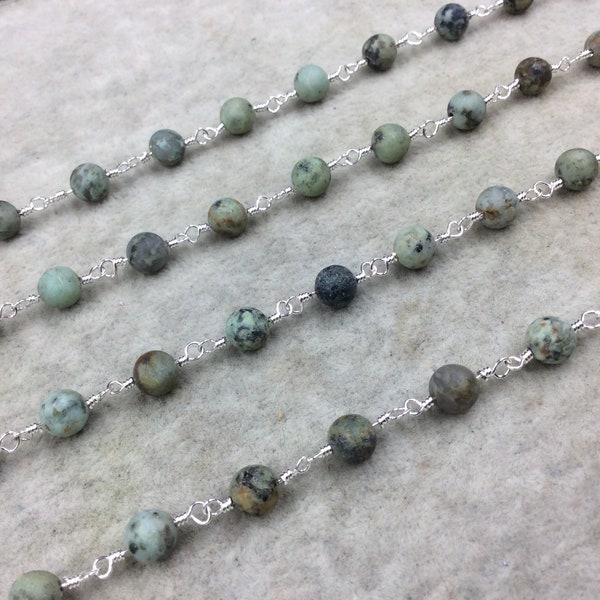 Silver Plated Copper Wrapped Rosary Chain with 6mm MATTE Smooth African Turquoise Jasper Round Shaped Beads - Sold by the foot! (CH315-SV)
