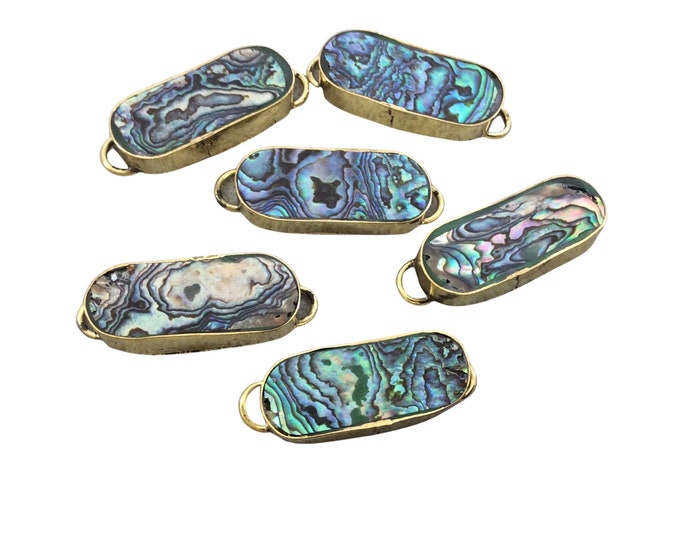 1.25" Iridescent Rainbow Natural Abalone Shell Skinny Oval Shaped Gold Plated Bezel Connector - Measuring 14mm x 33mm.