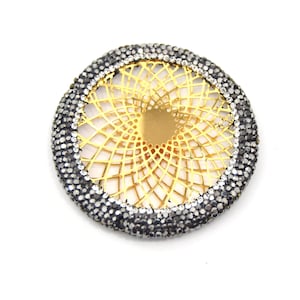 Pave Rhinestone Encrusted Gold Plated Round Ring Pendant with Gold Central Geometric Metalwork - Measuring 50mm x 50mm  - Sold Individually