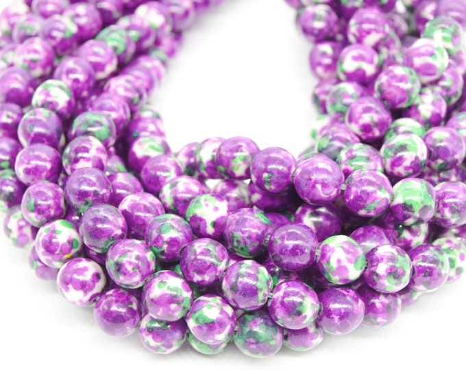 Dyed Mottled Jade Beads | Dyed Purple Green and White Round Gemstone Beads - 8mm 10mm 12mm Available