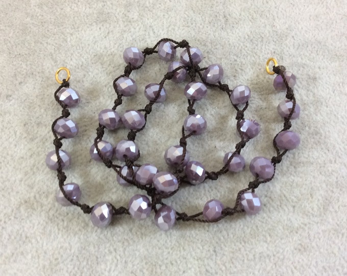 Chinese Crystal Beads | 18" Dark Brown Thread Necklace Section with 8mm Faceted AB Finish Rondelle Shaped Opaque Plum Purple Glass Beads