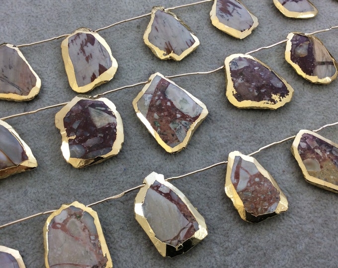 Brecciated Mookaite Jasper Slab Beads - Faceted with Gold Electroplated Edge