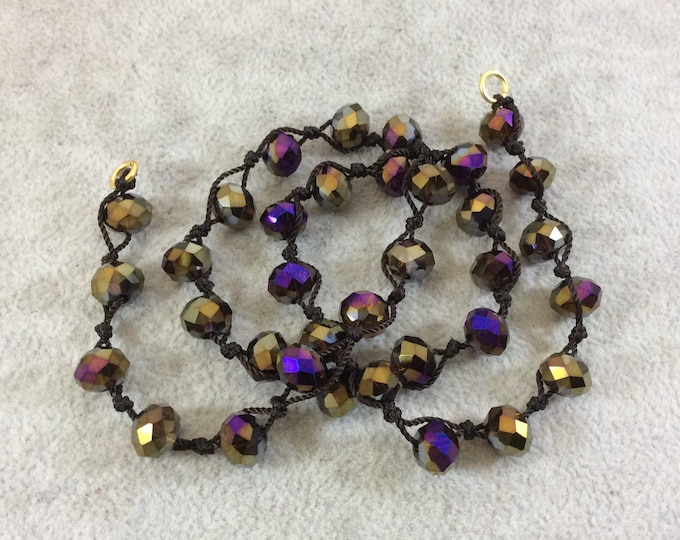 Chinese Crystal Beads | 18" Dark Brown Thread Necklace Sec. with 8mm Faceted AB Finish Rondelle Shape Semi Trans. Brown Purple Glass Beads