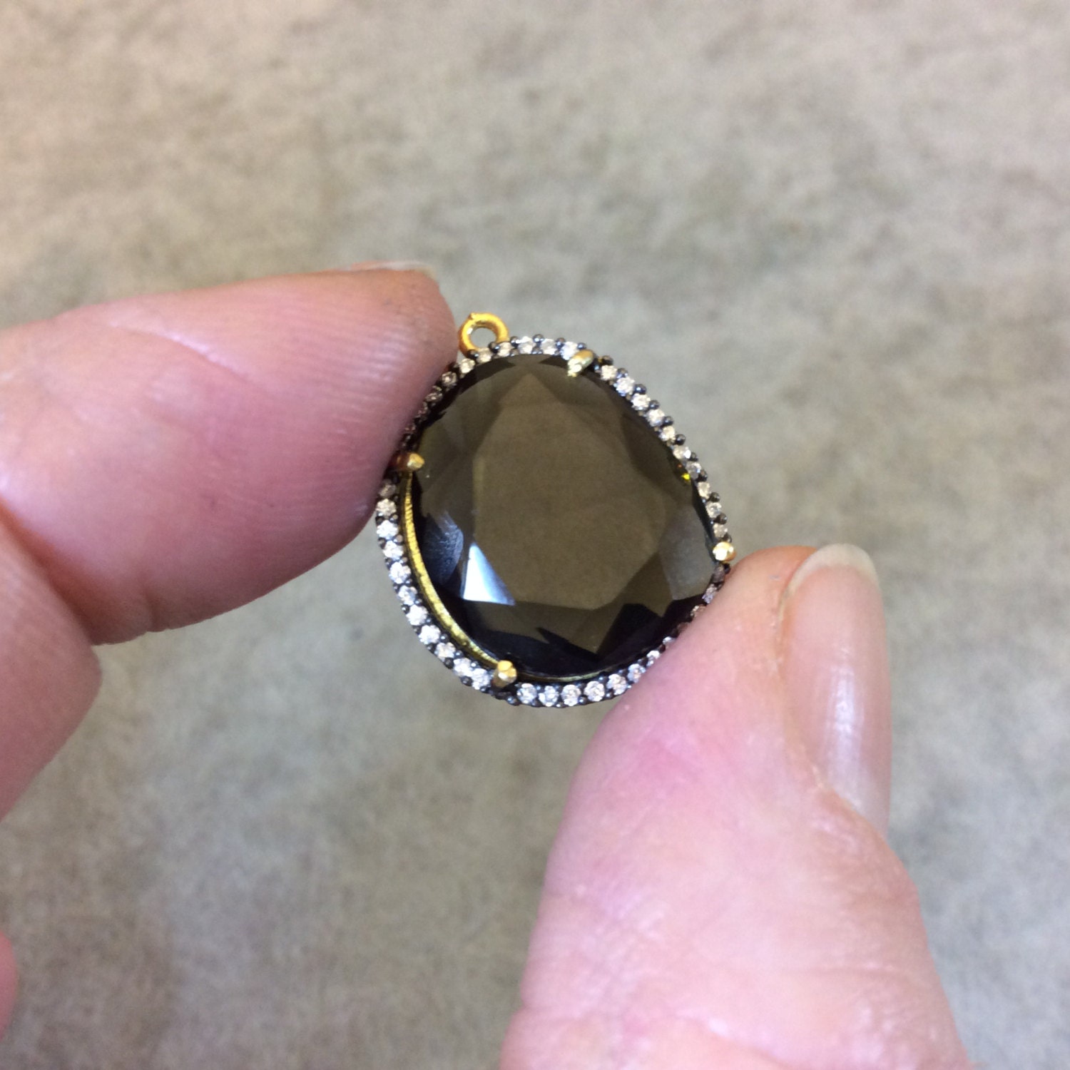 Smoky Quartz Pear Pendant: Gold CZ Bezel, 17x18mm