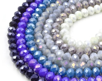 Perles rondelles en cristal AB à facettes de 10 mm | Fil de verre irisé bleu, violet et gris