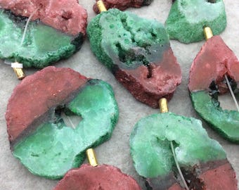 Large Bi-Color Druzy Agate Geode Slab Beads – Red Green Dyed Gemstone Slices
