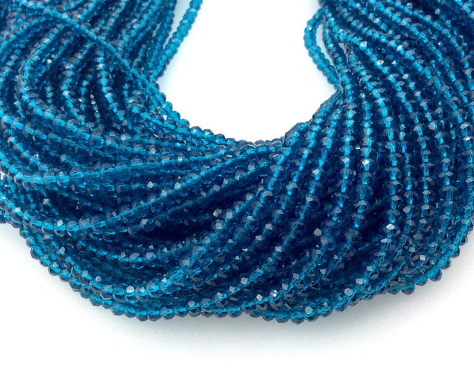 Chinese Crystal Beads | 3mm Faceted Transparent Teal Blue Chinese Crystal Rondelle Shaped Glass Beads