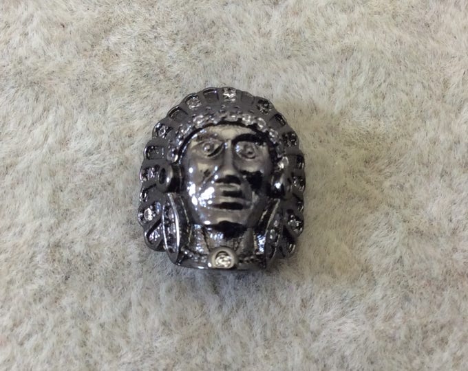 CZ  Native American Bead - 13mm x 15mm - Gold, Silver, Rose Gold, Gunmetal - White or Black Cubic Zirconia Inlaid Chief Bead