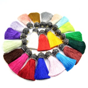 Tassels - 2.5 Inch Luxe Silk Tassels with Rhinestone Pave Cap, Tassel Pendant, Rhinestone Tassel, Focal Pendant, Fancy Tassel.