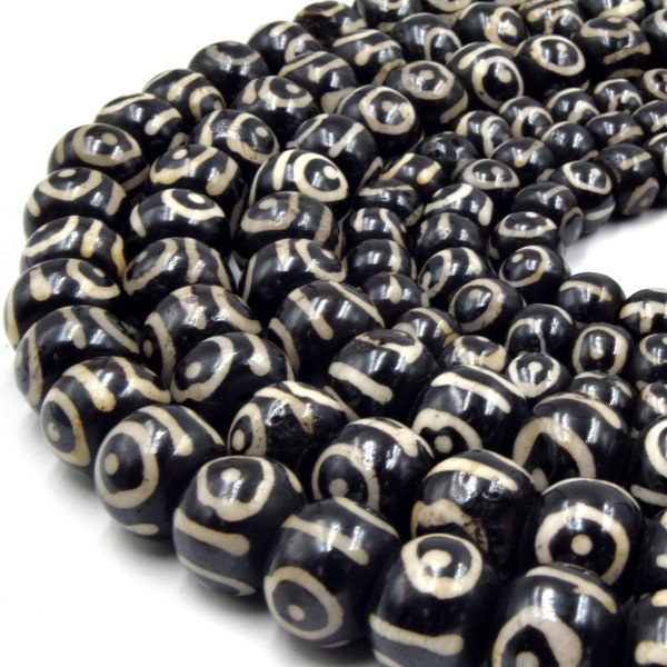 Bone Beads | Batik Ox Bone Rondelle Beads | Black Bullseye Painted Bone Beads | 10mm 12mm 14mm Available