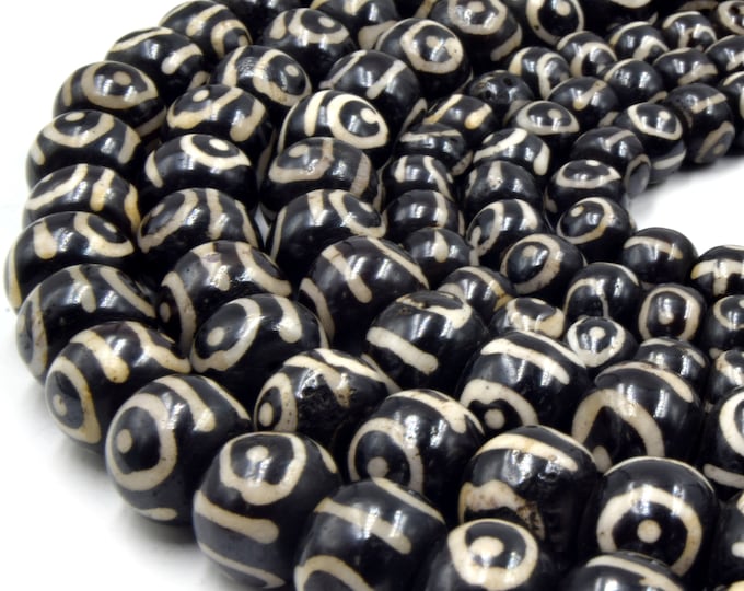 Bone Beads | Batik Ox Bone Rondelle Beads | Black Bullseye Painted Bone Beads | 10mm 12mm 14mm Available