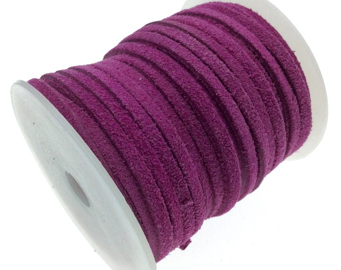 Matte Magenta Pink Suede Leather Cord (3mm wide) - Sold by the Spool (25ft)