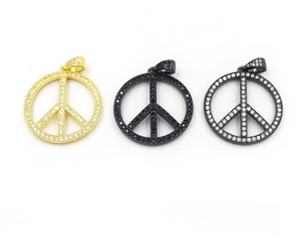 CZ Peace Sign Pendant: Gold or Gunmetal Charm (27mm)