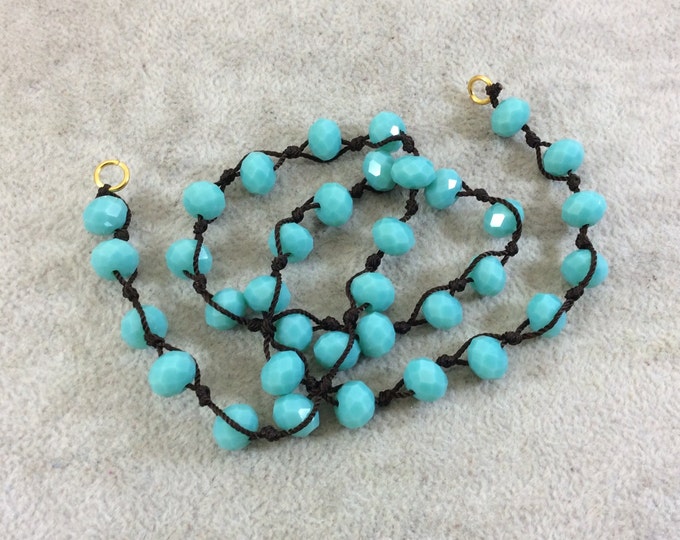 Chinese Crystal Beads | 18" Dark Brown Thread Necklace Section with 8mm Faceted Glossy Finish Rondelle Shaped Opaque Turquoise Glass Beads