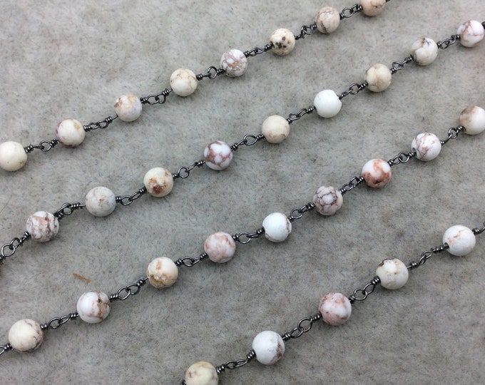 Gunmetal Plated Copper Rosary Chain with 6mm Smooth Round Shaped White Buffalo Turquoise Beads - Sold by the Foot! - Natural Beaded Chain