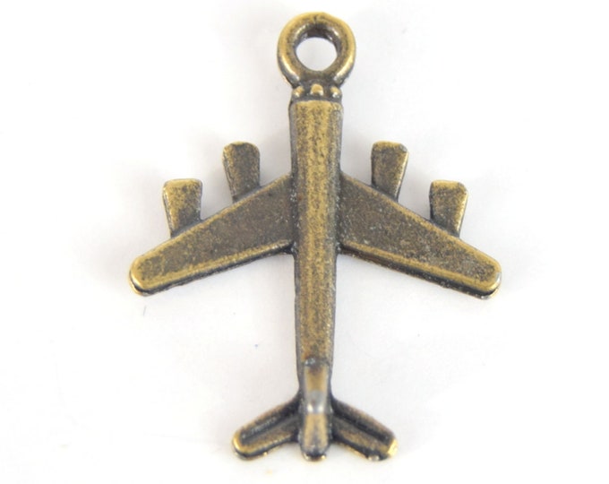 Antique Brass Plated Copper Vintage Airplane Pendant with One Ring- Measuring 22mm x 27mm - Sold Individually, Chosen at Random