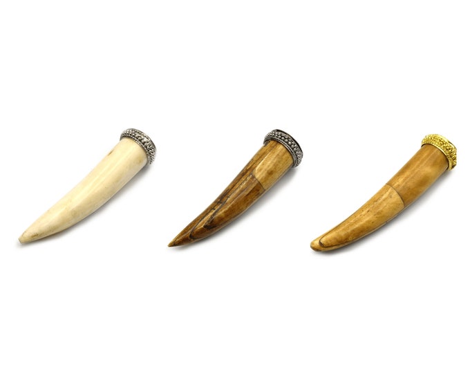 Bone Tusk Pendant | Ox Bone Focal Tusk Pendant With Double Dotted Cap | Horn Pendant | White Tusk Brown Tusk