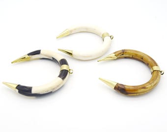Bone Crescent Pendant | Thick Double Ended Crescent Shaped Natural Ox Bone Gold Bail | White, Brown, Black and White Crescents - 2 SIZES