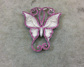 Ornate Butterfly Slider – Silver Plated Copper, Pink/White CZ (50mm x 57mm)