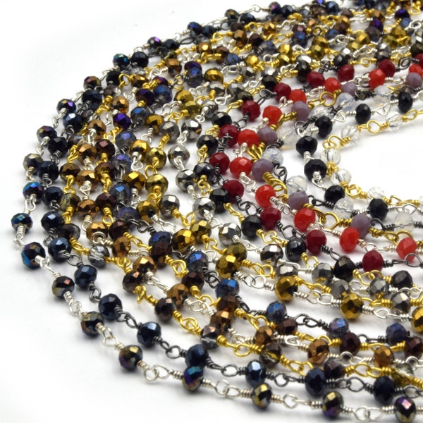 Crystal Rosary Chain | 2mm x 3mm Faceted Crystal Beads | Sold by the Foot | Gold Silver Gunmetal Beaded Chain | Chain for Jewelry Making