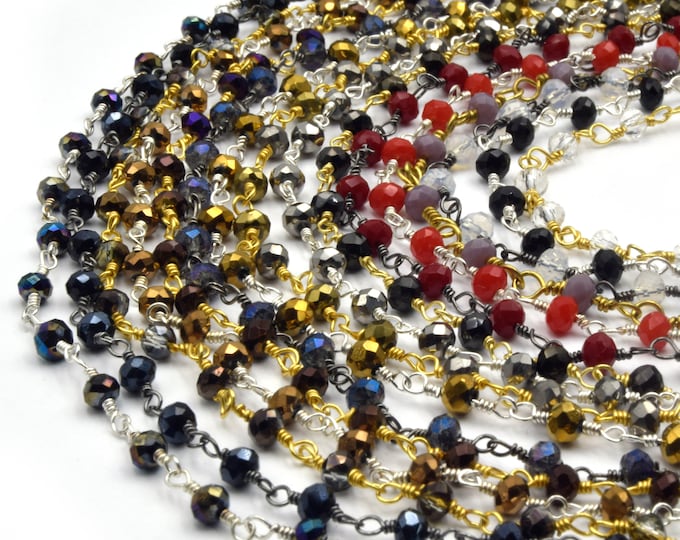 Crystal Rosary Chain | 2mm x 3mm Faceted Crystal Beads | Sold by the Foot | Gold Silver Gunmetal Beaded Chain | Chain for Jewelry Making