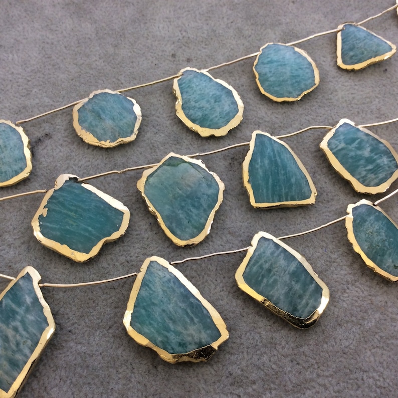 Gold Electroplated Smooth Freeform Slab Shaped Natural Amazonite Top-Drilled Beads - Measures 20mm x 25mm 9 Beads Approx. 9.5 Strand