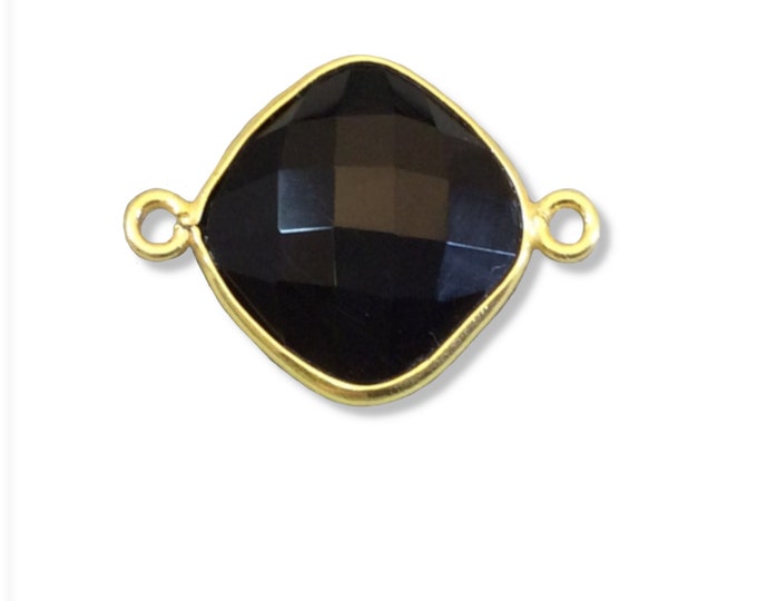 Gold Plated Faceted Hydro (Lab Created) Jet Black Onyx Diamond Shaped Bezel Connector - Measuring 15mm x 15mm - Sold Individually