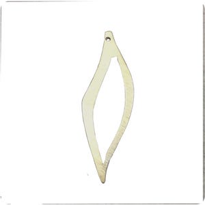May include: A light-colored, wooden, leaf-shaped pendant with a smooth, matte finish. The piece features an elongated, open-center design with a pointed bottom and a small, circular hole at the top for attachment, showcasing a natural wood grain.