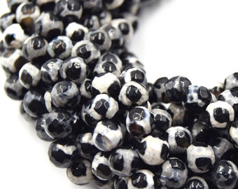 Faceted Tibetan Agate Beads: Black & White Gemstone, 14.5" Strand