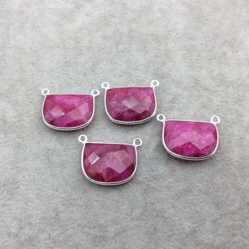 Sterling Silver Faceted Half Moon Shape CorundumRuby Bezel 2 Ring PendantConnector Component Natural Gemstone ~ 16mm x 20mm