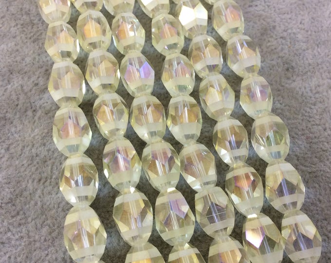Chinese Crystal Beads | 14mm Matte Stripe Faceted Transparent AB Yellow Glass Rice Oval Beads