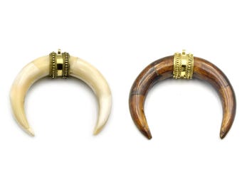 Natural Ox Bone Crescent Pendant | Dotted Gold Bail, Tusk Style (83mm)