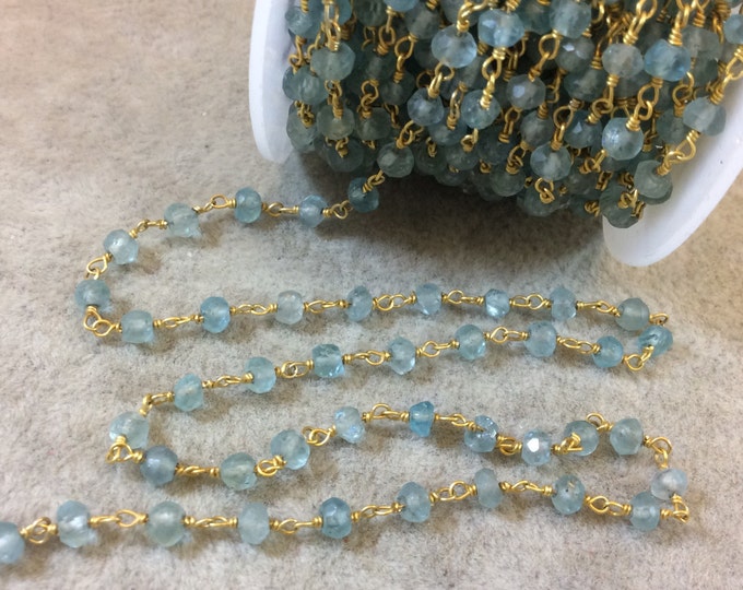 Gold Plated Copper Rosary Chain with 3-4mm Faceted Rondelle Shaped Apatite Beads (CH125-GD) - Sold by the Foot! - Natural Beaded Chain