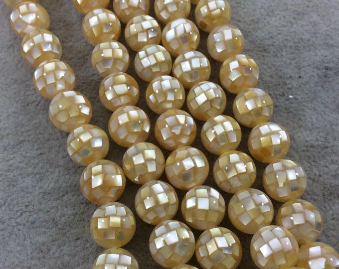 LOOSE BEADS - 10mm Pearly Yellow Natural Mother of Pearl Inlaid Round/Ball Beads with 1mm Holes - Sold in Pre-Packed Bags of 10 Beads