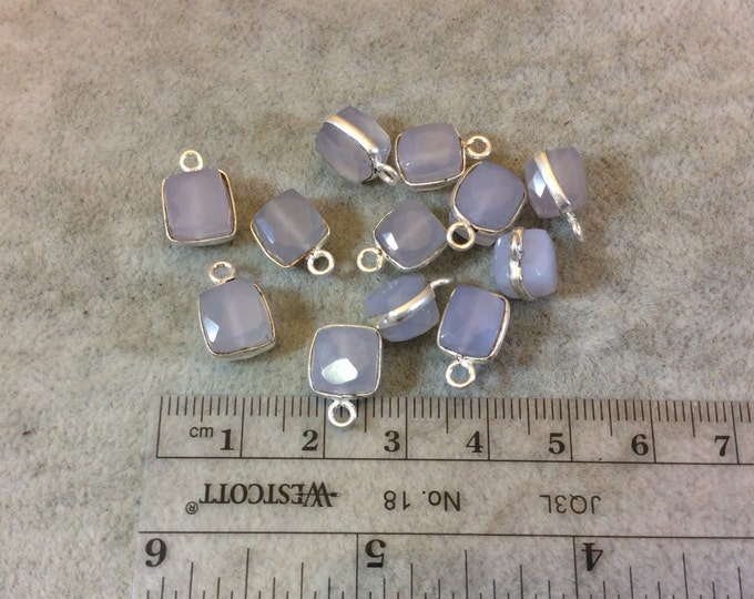Silver Finish Faceted Chalcedony Cube/Square Shaped Plated Copper Bezel Charm/Drop - Measuring 7-8mm - Natural Gemstone - Sold Individually