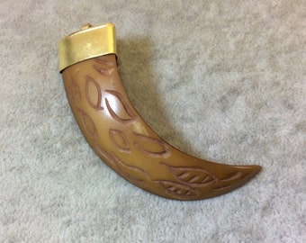 SALE - 2.5" Claw Shaped Brown Acrylic Pendant with Carved Leaves and Bright Gold Finish Cap - Measuring 18mm x 72mm, Approx.