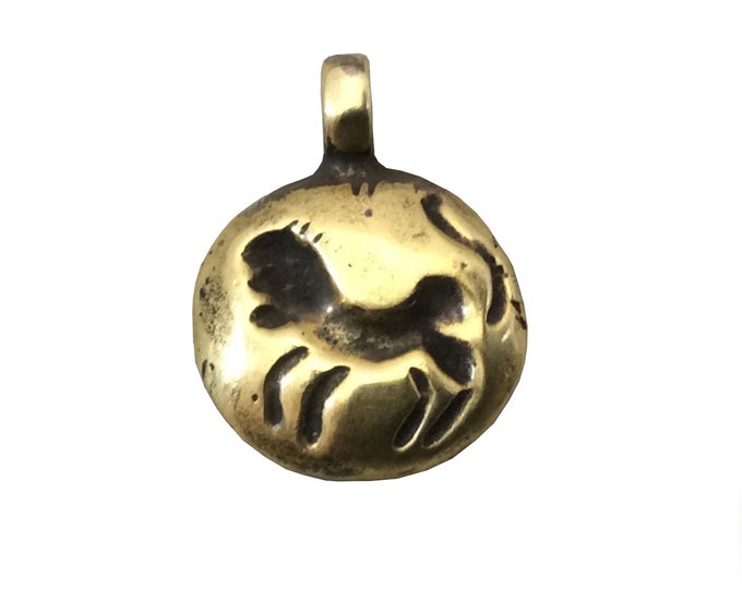 15mm x 15mm Oxidized Gold Plated Rustic Cast Standing Lion Icon Copper Round Shaped Pendant w/ Attached Ring  - Sold Individually (K-8)
