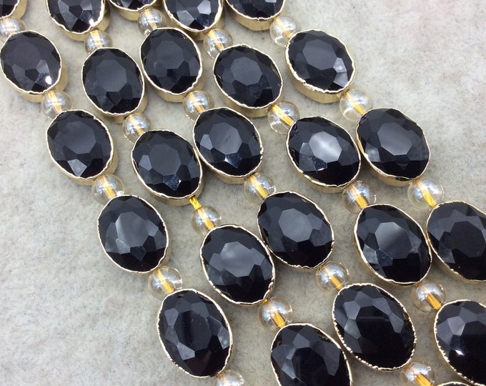 Chinese Crystal Beads | 12mm x 16mm Gold Electroplated Glossy Finish Faceted Opaque Black Onyx Crystal Oval Glass Beads