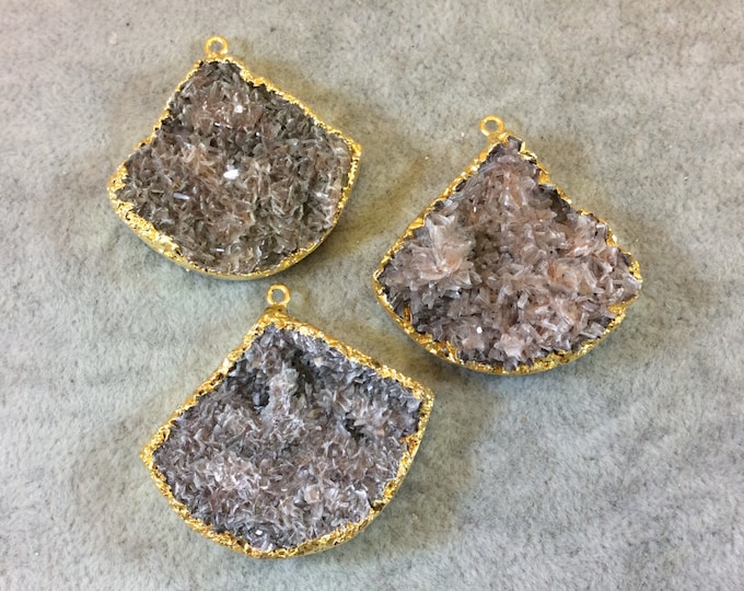 Gold Electroplated Natural Tan Dolomite Cluster (Star Druzy) Fan/Scallop Shaped Pendant - Measuring 38mm x 30mm - Sold Individually, Random