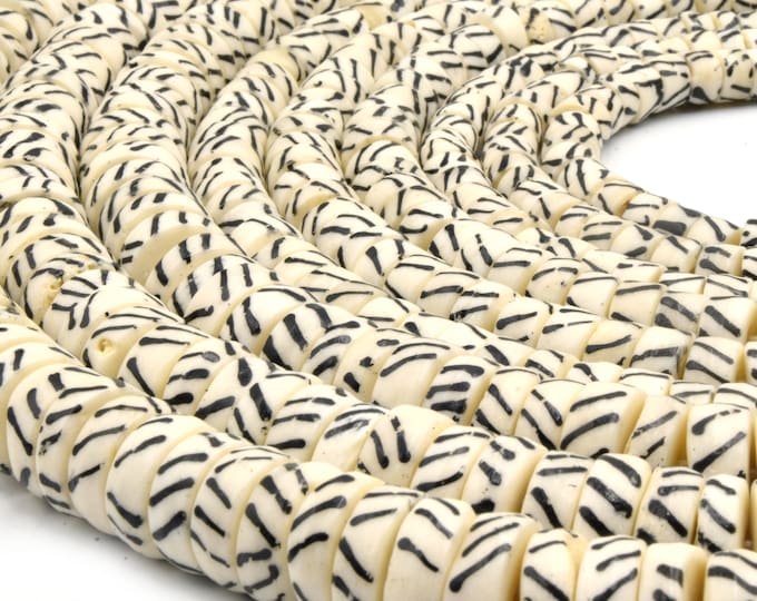 Bone Beads | Batik Heishi Beads | White Triple Slash Design